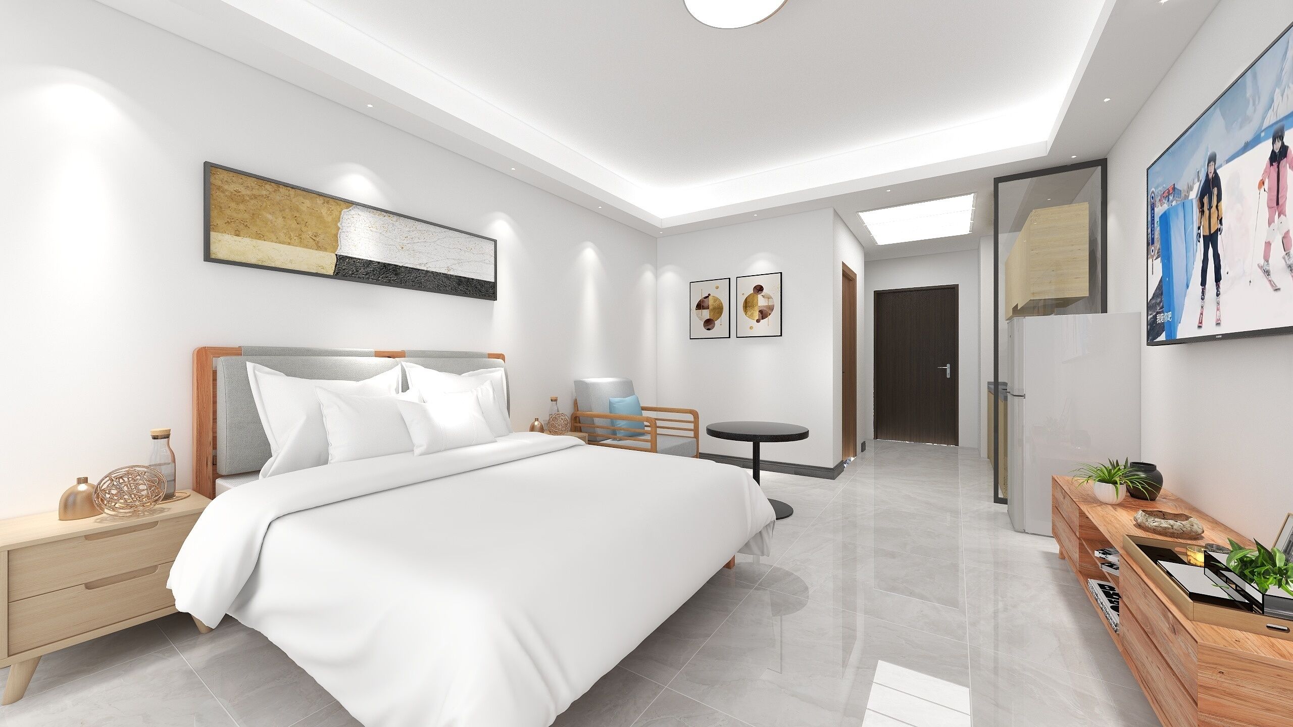 A modern hotel room with a large bed, bedside tables, a small desk, and a chair. There is a door leading to another room and a large window.