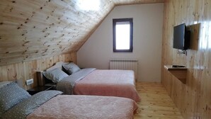 A cozy attic bedroom with two beds, wooden walls, a window, and a TV. - Rocky Mountain Triple Room (Prisoje)