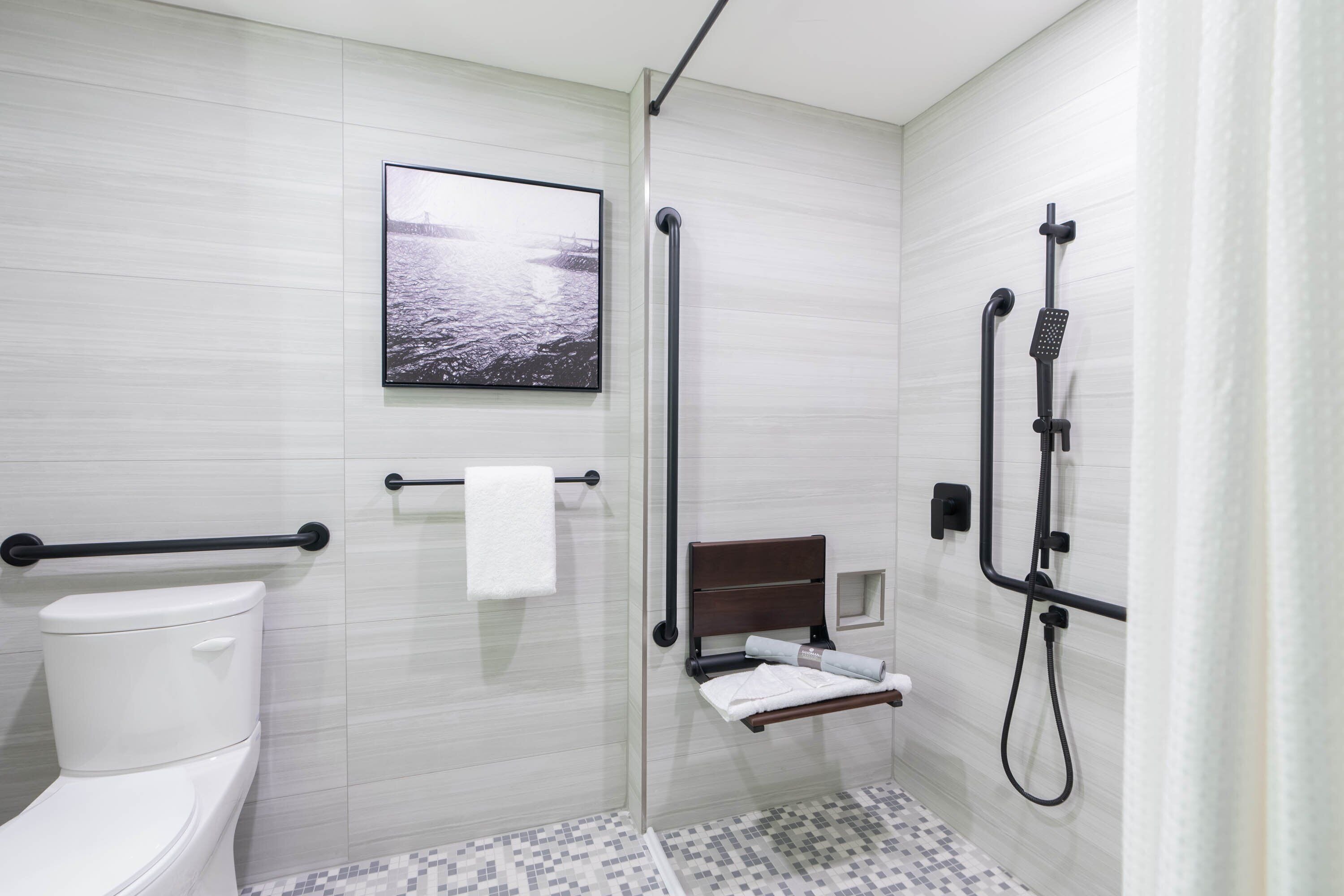 Ein modernes Badezimmer mit Toilette, einer Dusche inklusive Handbrause, einem Handtuchhalter und einem gerahmten Bild an der Wand.
