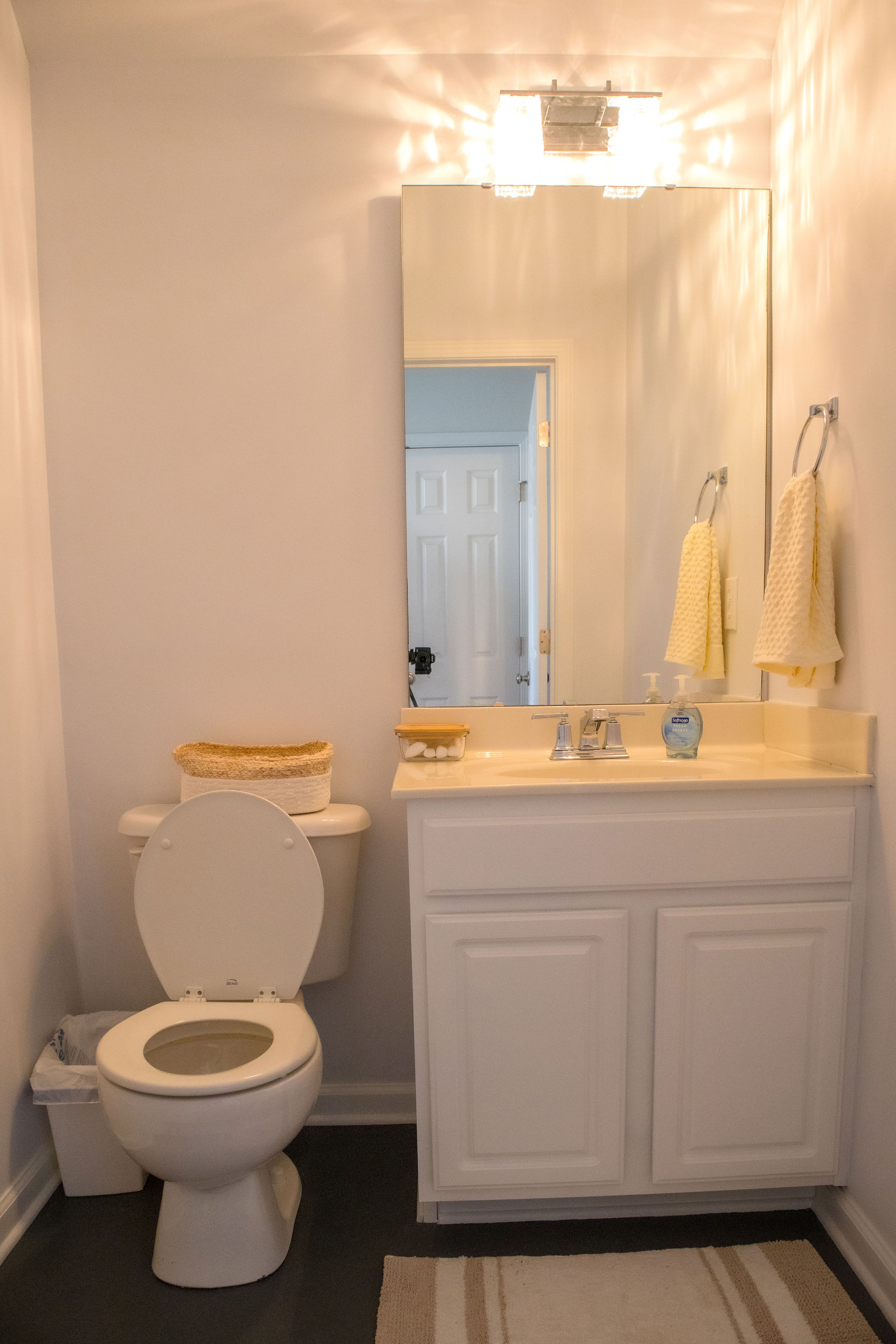 Ein Badezimmer mit Toilette, Waschbecken und Spiegel darüber, sowie einem beigefarbenen Teppich auf dem Boden.