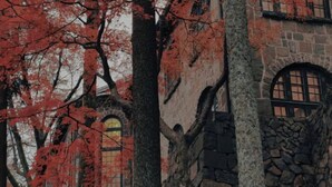 A stone building with arched windows and a tree with red leaves in front. - Wonder Villa (Deqing)