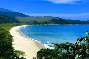 Une plage à l’eau d’un bleu limpide, bordée d’un rivage sablonneux et d’une végétation luxuriante.