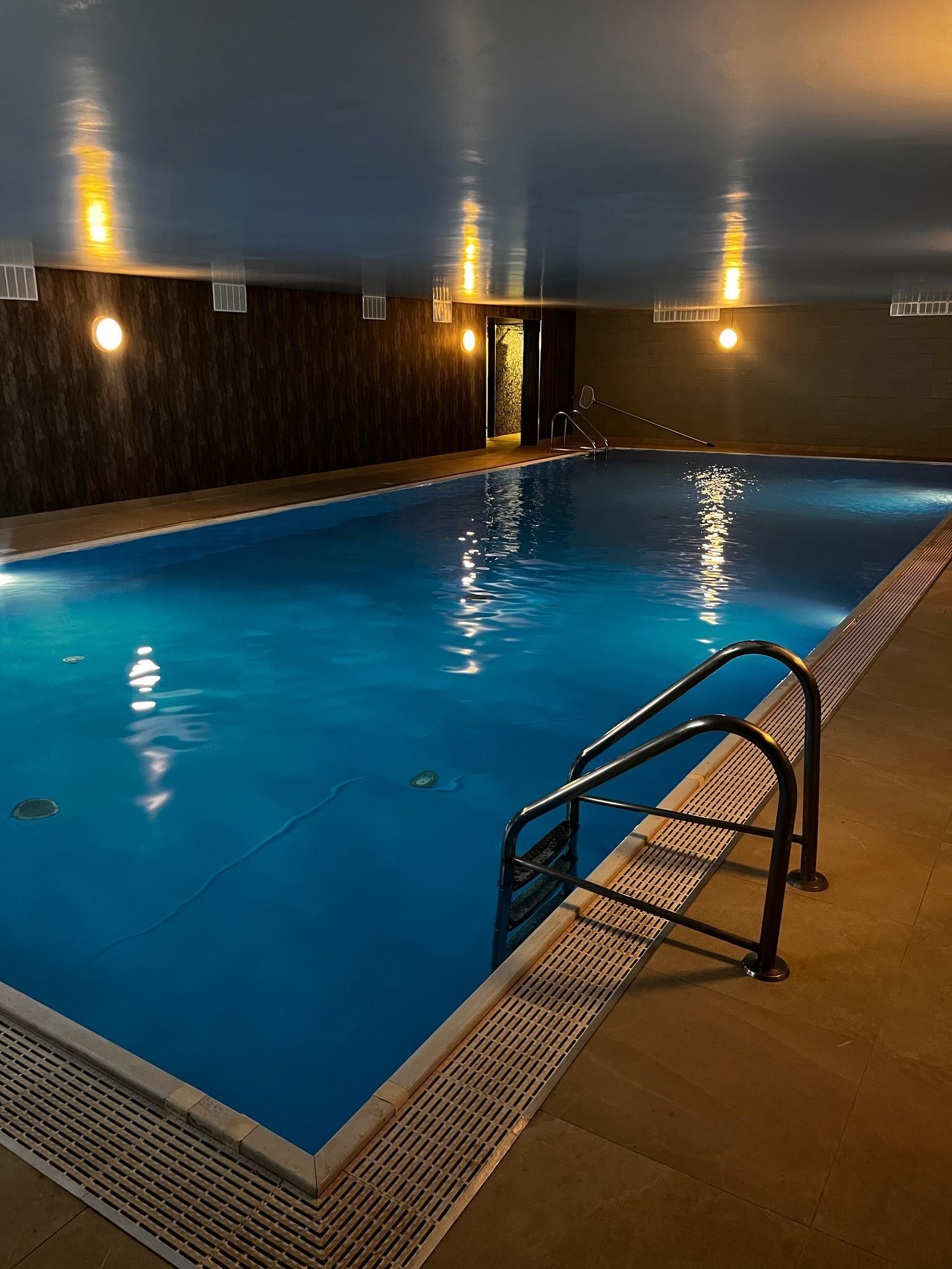 Una piscina interior con agua cristalina, una escalera metálica e iluminación empotrada.