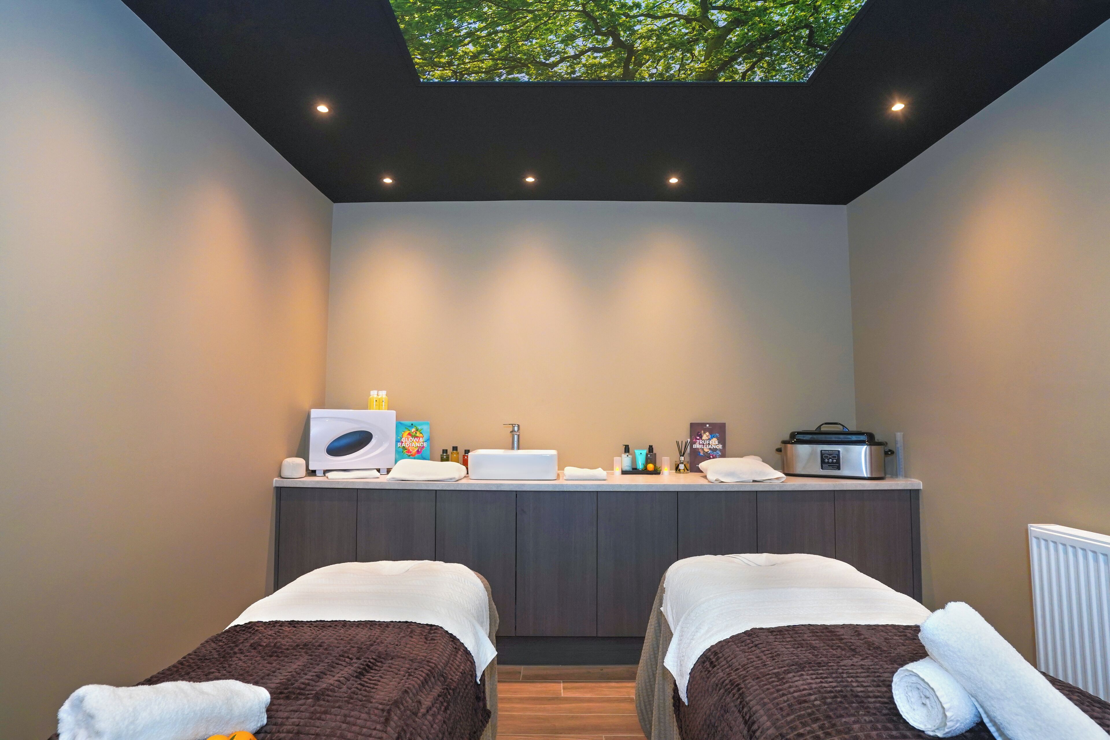 A room with two beds, a vanity with toiletries, and a skylight.