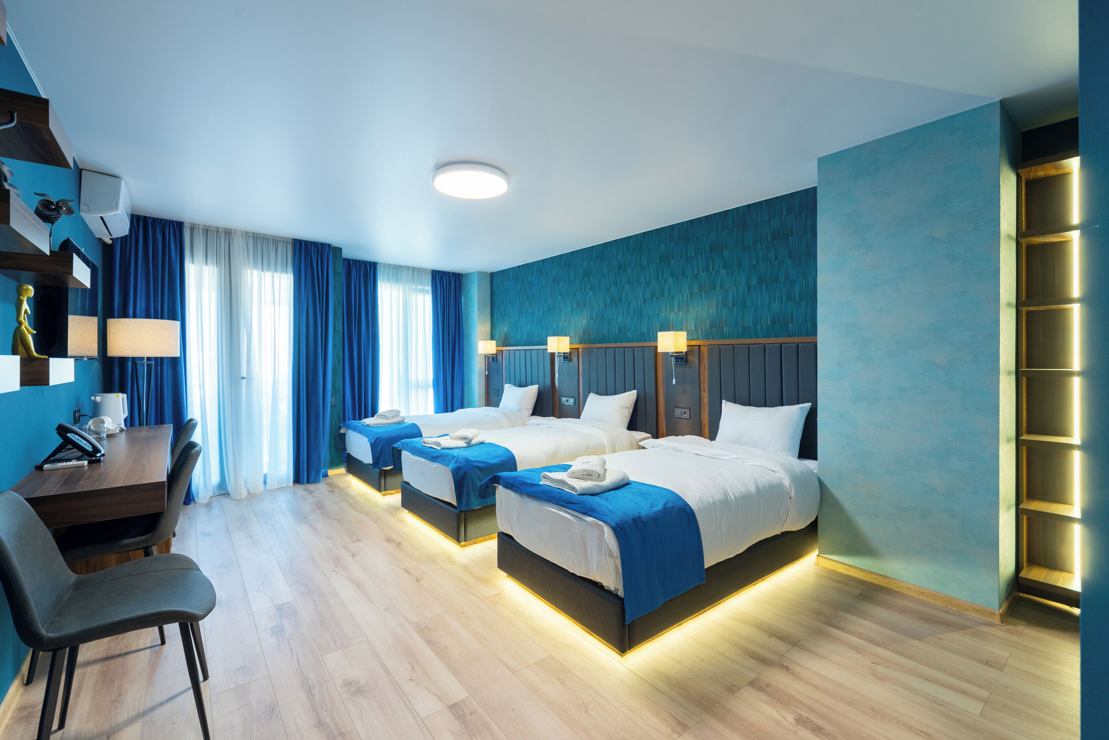 Hypo-allergenic bedding, laptop workspace, soundproofing