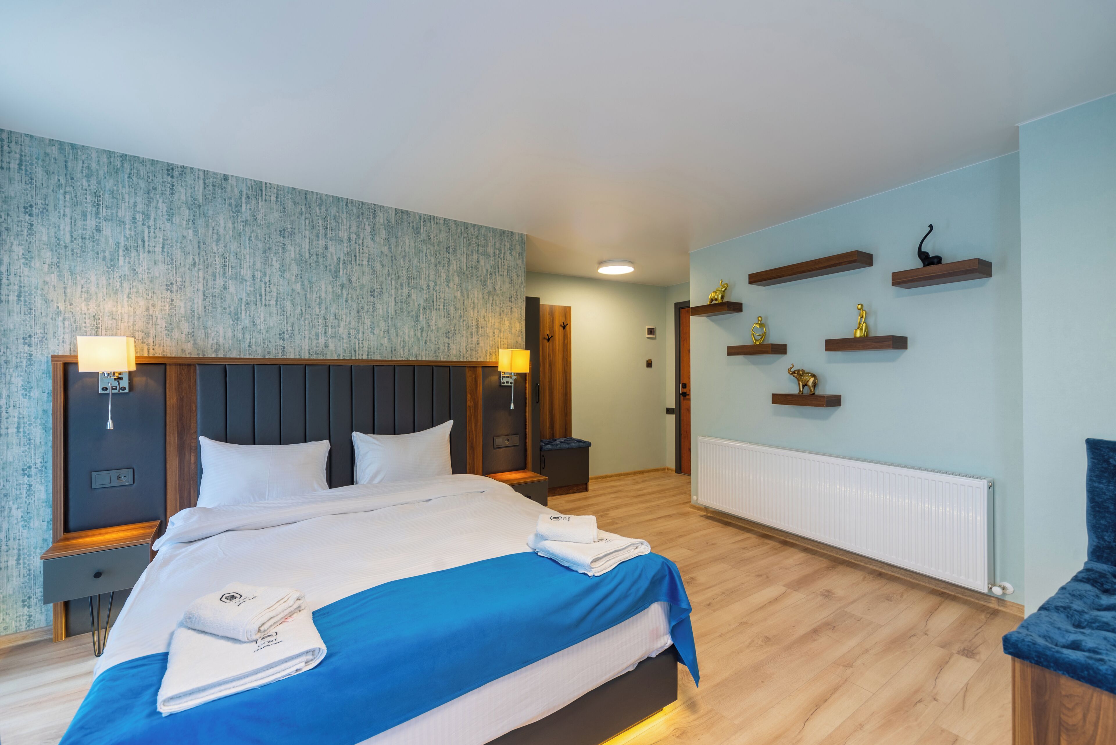 Hypo-allergenic bedding, laptop workspace, soundproofing