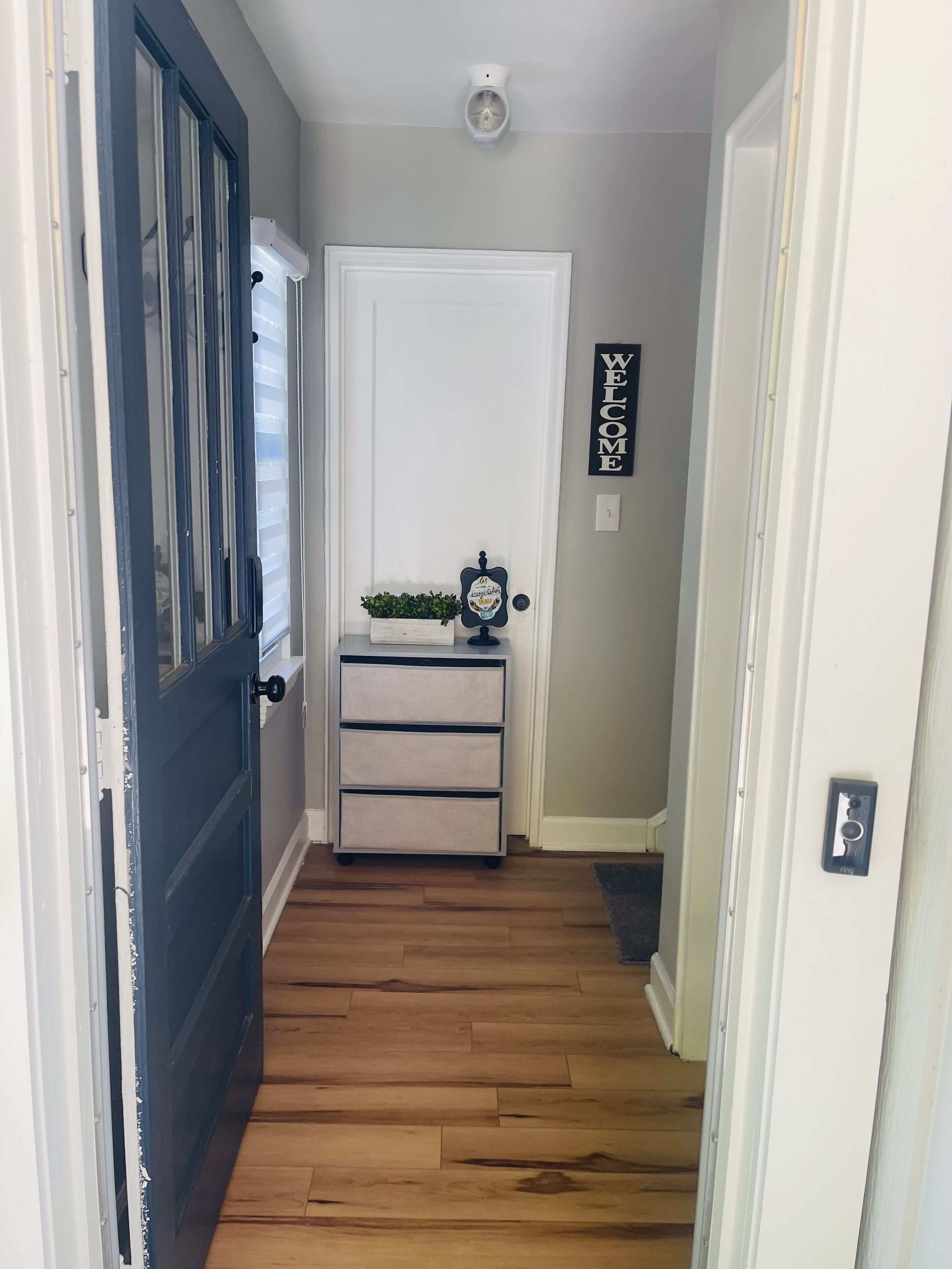 A hallway with a wooden floor, a white door, a small table with a plant, and a 'WELCOME' sign.