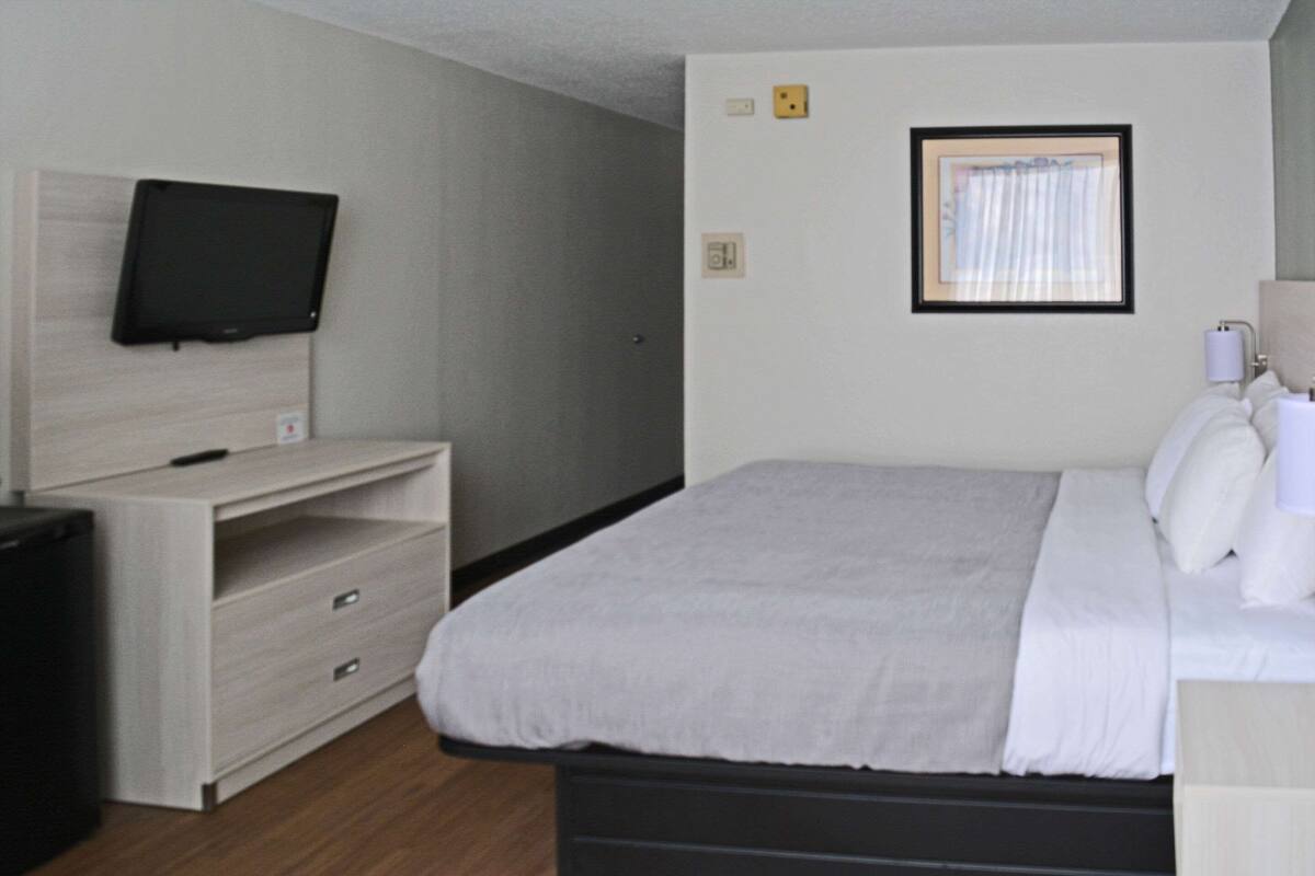 Quarto de hotel com uma cama, televisão presa na parede, secretária e janela com cortinas.