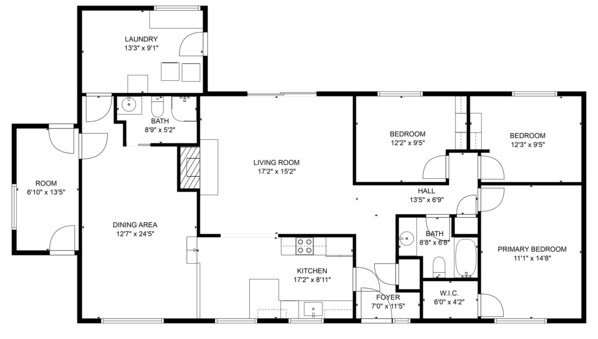 Un plan d’étage comprenant un salon, deux chambres, une cuisine, un coin repas, une salle de bain et un hall d’entrée.