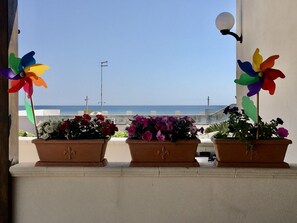 Un balcone con tre vasi fioriti, un mulinello e un lampione.
