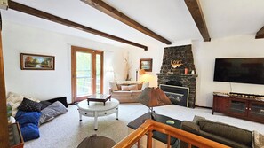 Smart TV, chimenea, reproductor de DVD y libros 