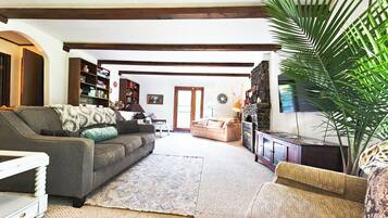 Een smart-tv, een open haard, een dvd-speler en boeken