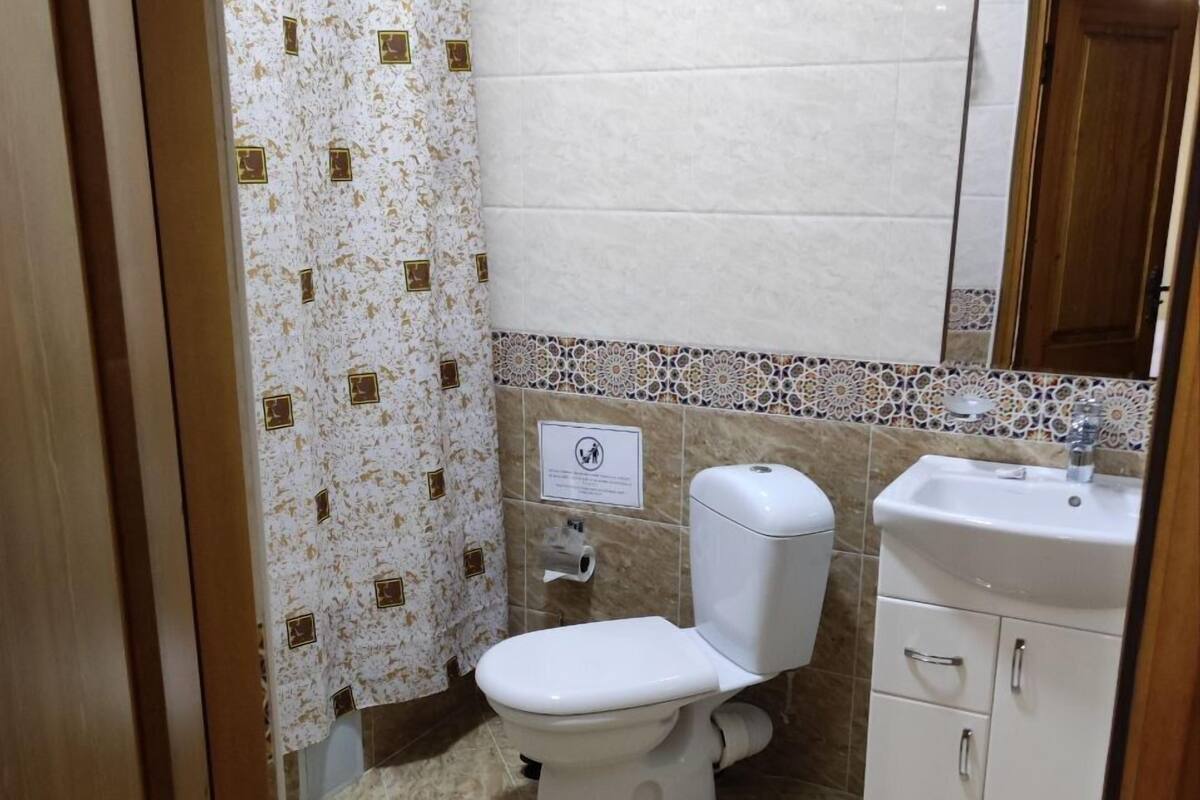 A bathroom with a toilet, sink, and shower curtain.