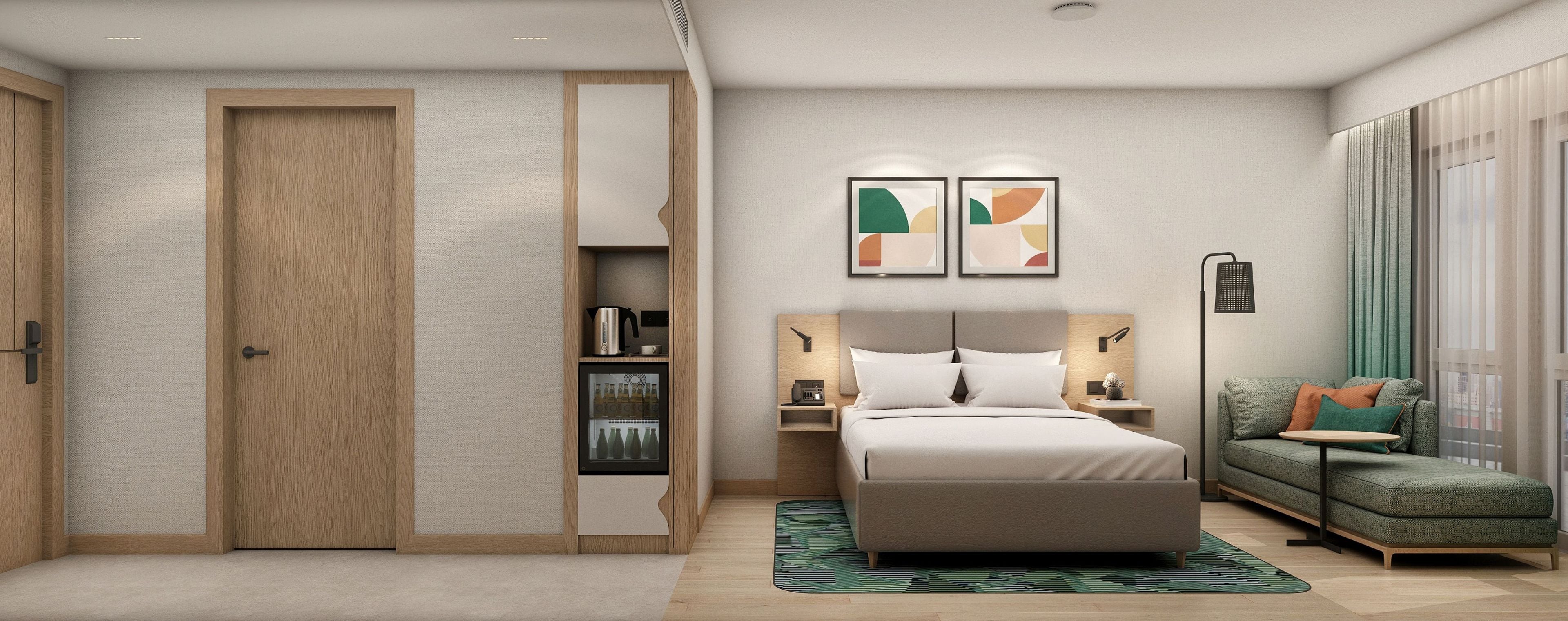 A modern bedroom with a bed, nightstands, a sofa, and a wardrobe.
