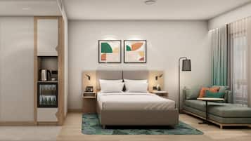 A modern bedroom with a bed, nightstands, a sofa, and a wardrobe.