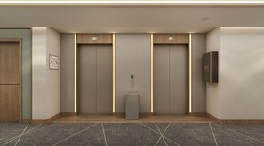 A modern elevator with a digital display, flanked by two doors with illuminated numbers, in a clean, minimalistic lobby area. - Holiday Inn Hotel And Suites Kocaeli Dilovasi Gulf View by IHG (Dilovasi)