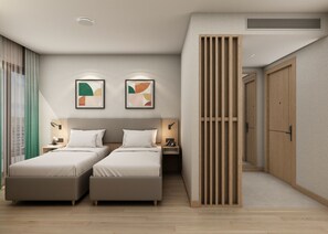A modern hotel room with two beds, a large window with curtains, abstract wall art, and a wooden partition. - Holiday Inn Hotel And Suites Kocaeli Dilovasi Gulf View by IHG (Dilovasi)
