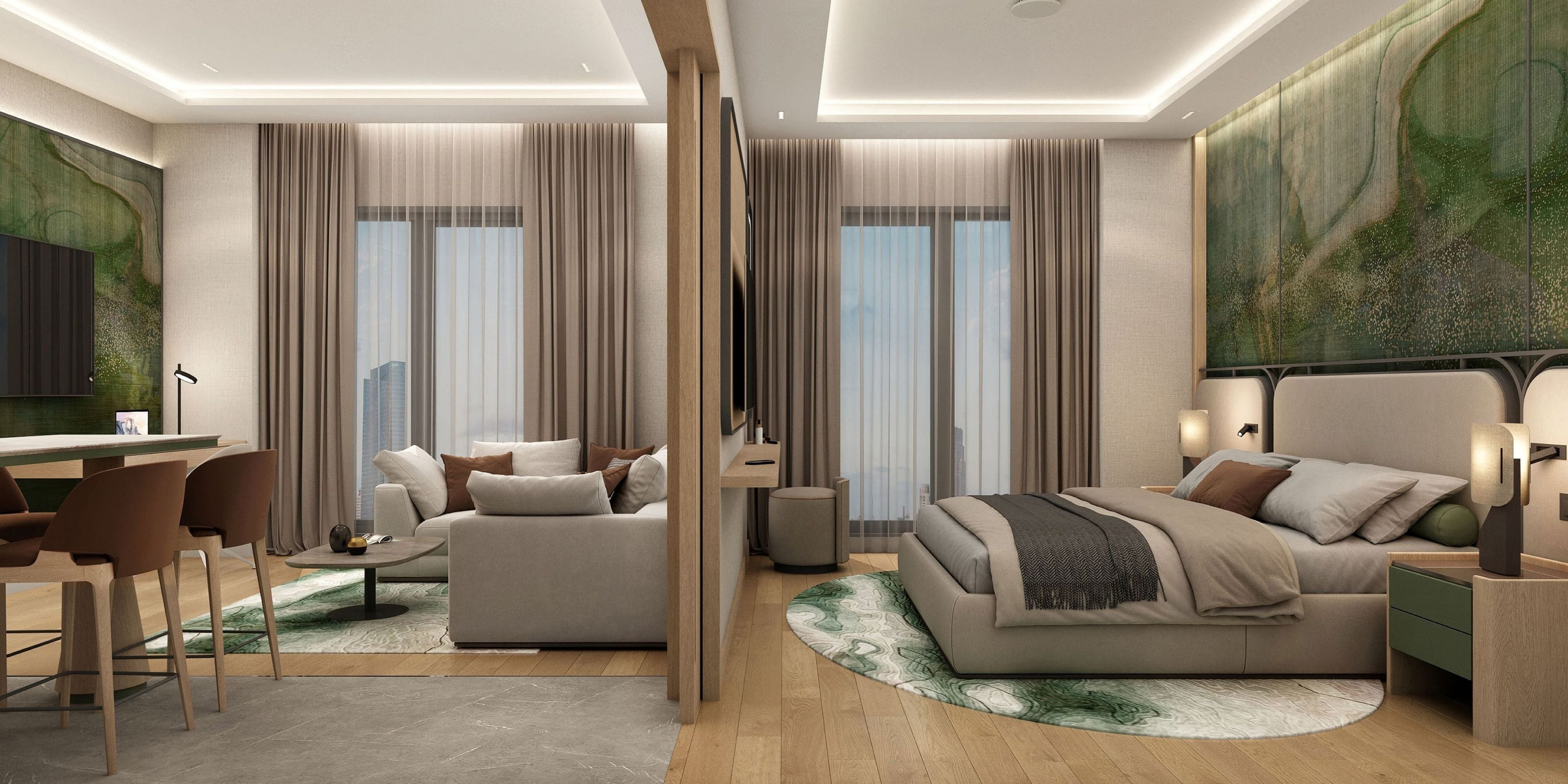 A modern hotel room with a bed, seating area, and a desk.