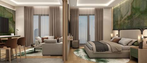 A modern hotel room with a bed, seating area, and a desk.