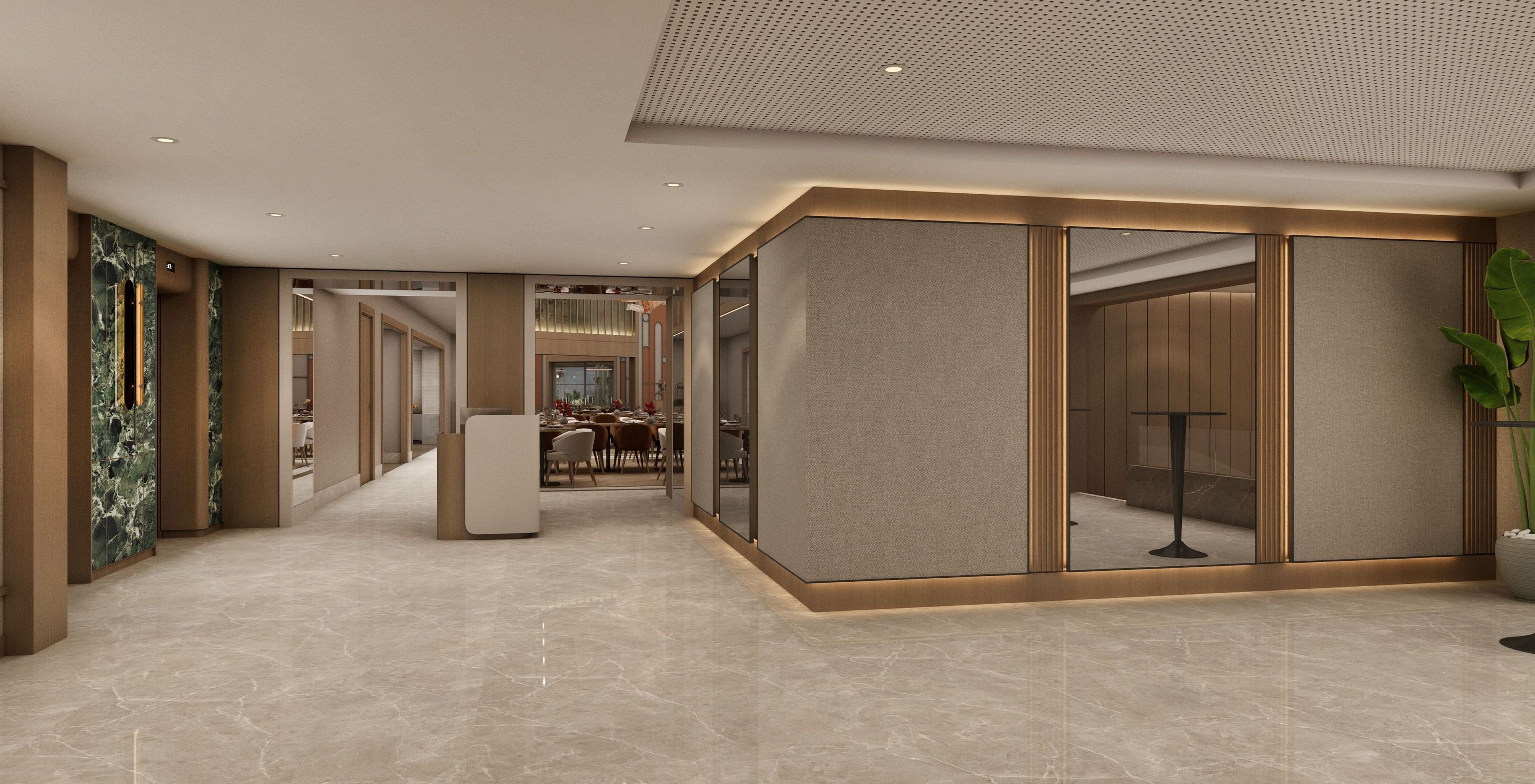 Un hall d’hôtel moderne avec un sol en marbre, un comptoir d’accueil et un espace de restauration visible à travers une cloison en verre.