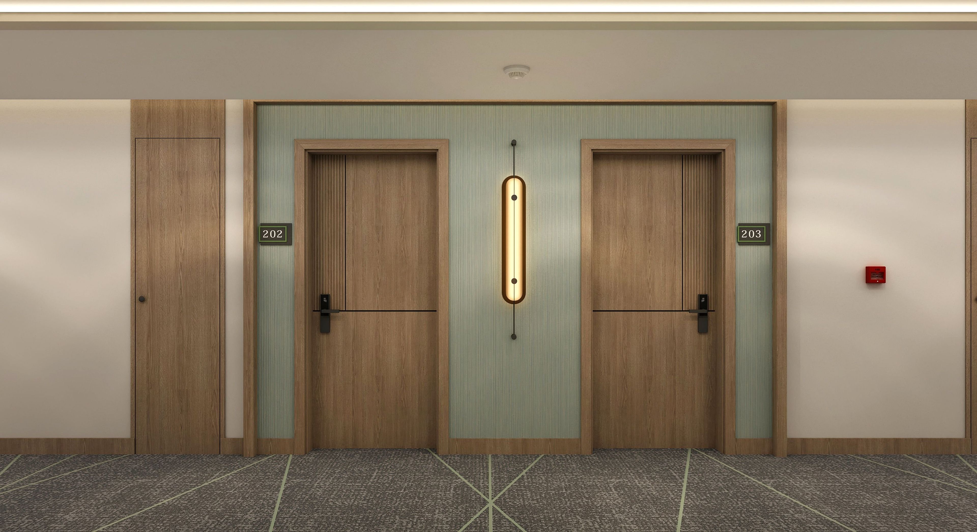 A set of double doors with numbers 202 and 203, a light fixture above the center door, and a fire alarm on the right wall.
