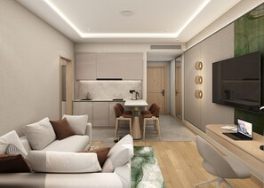 Uma sala de estar moderna com um sofá, uma mesa de centro e uma televisão.