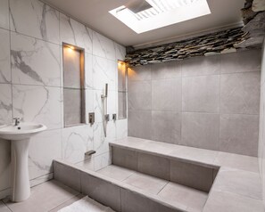 Hair dryer, towels, soap, shampoo