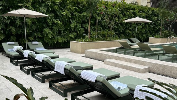 Una fila de tumbonas con toallas, una piscina y exuberante vegetación al fondo.