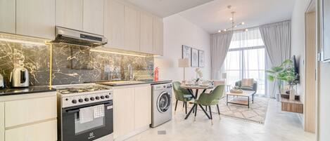 Fridge, microwave, oven, electric kettle