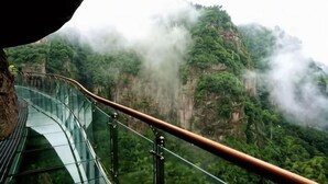 A glass bridge with metal railings and a wooden handrail, overlooking a lush green mountain with mist. - A Rest in Xinchang (Xinchang)