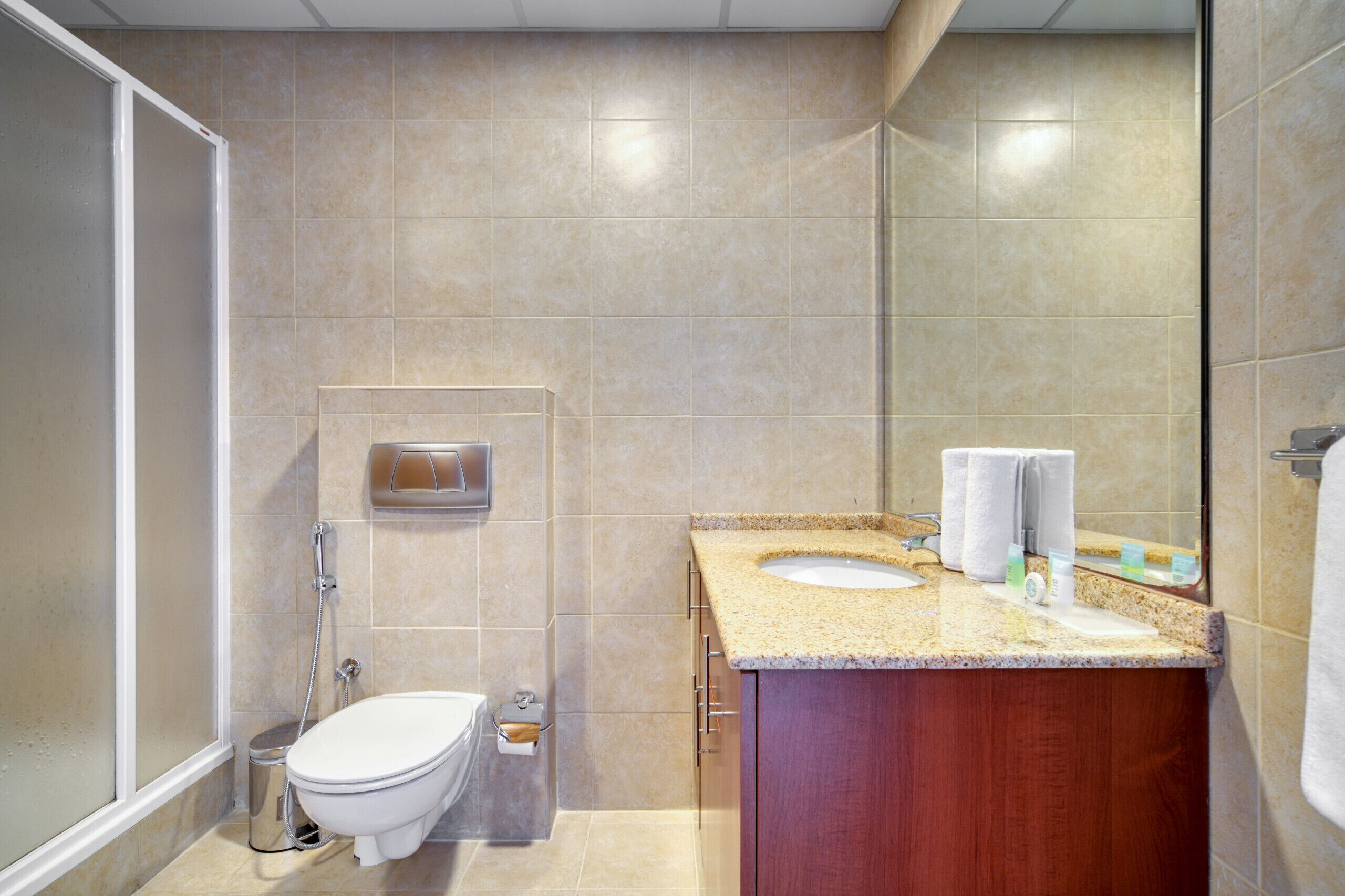 Bathtub, hair dryer, towels, soap