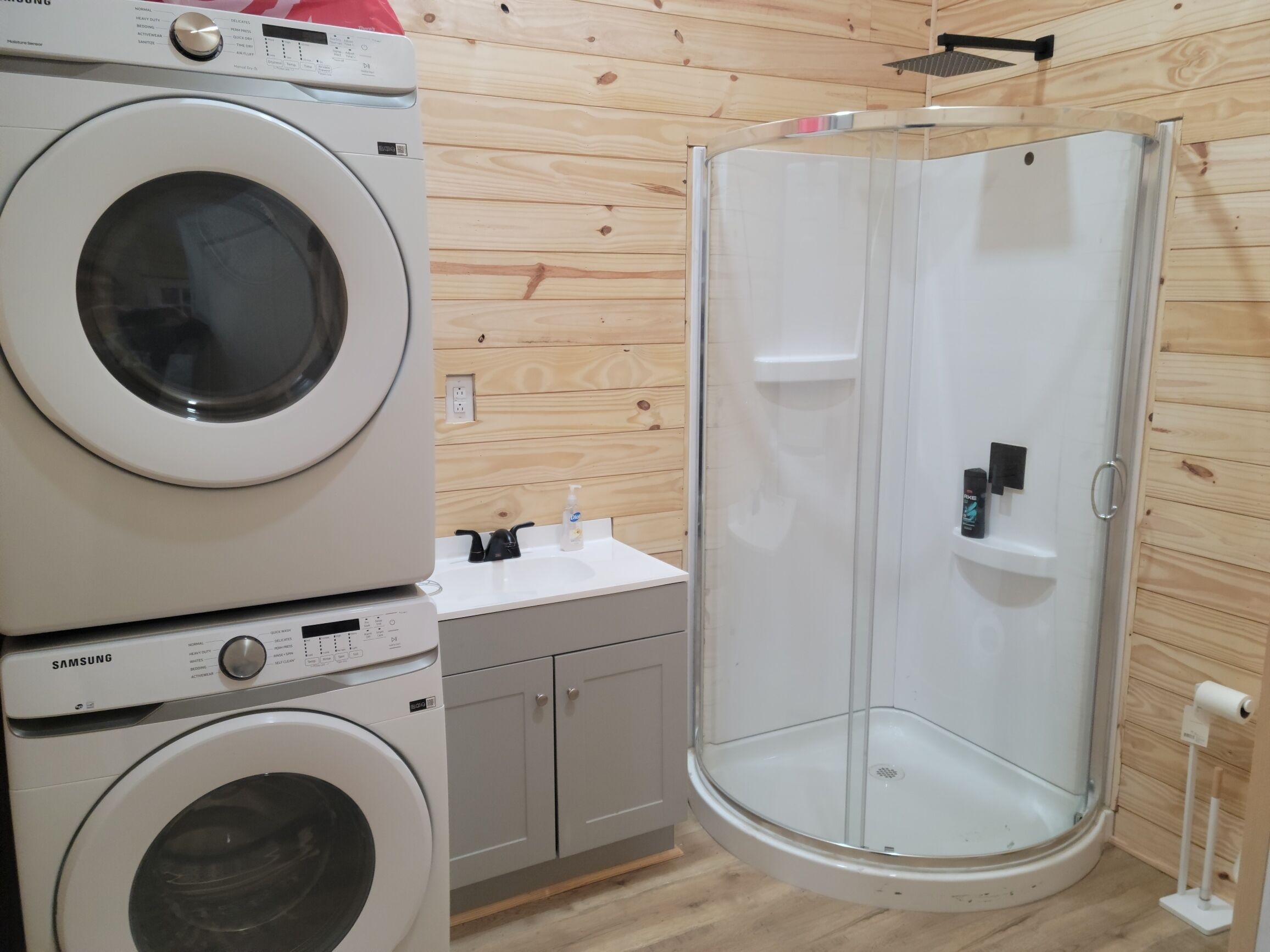 Hair dryer, towels, soap, toilet paper