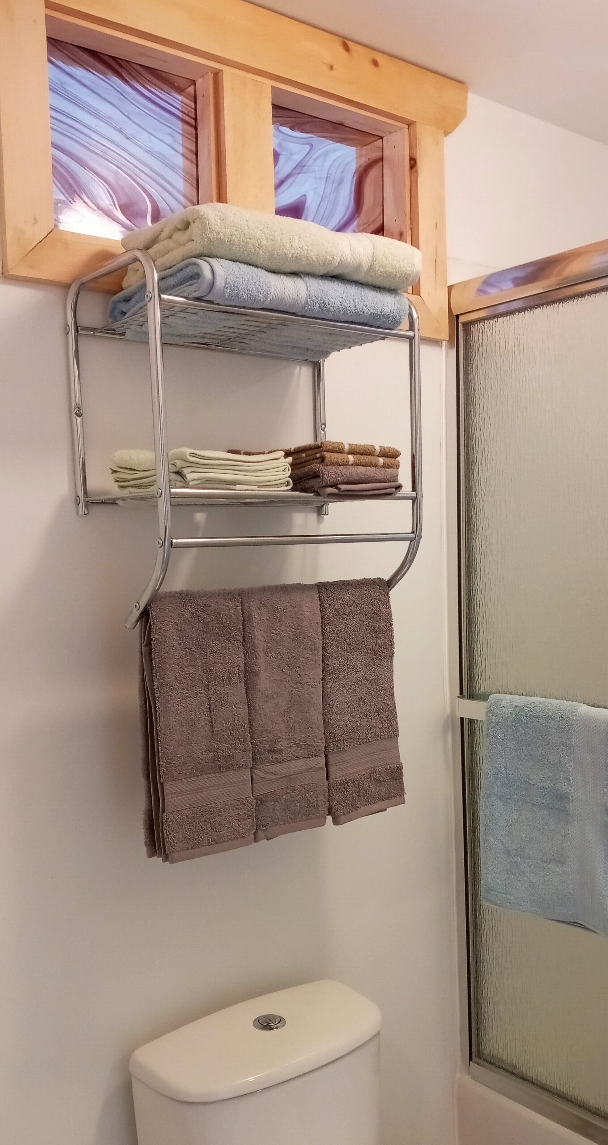 A bathroom with a toilet, a glass shower door, and a metal towel rack with towels.