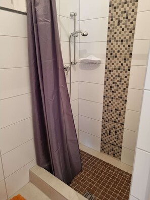 Shower, towels, soap, toilet paper