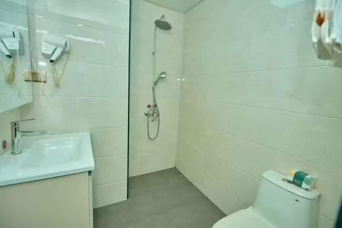 A bathroom with a toilet, a sink, a shower, and a mirror.