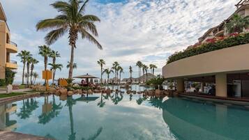 A heated pool, pool umbrellas