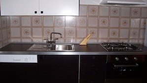Een kleine keuken met een spoelbak, fornuis en vaatwasser.