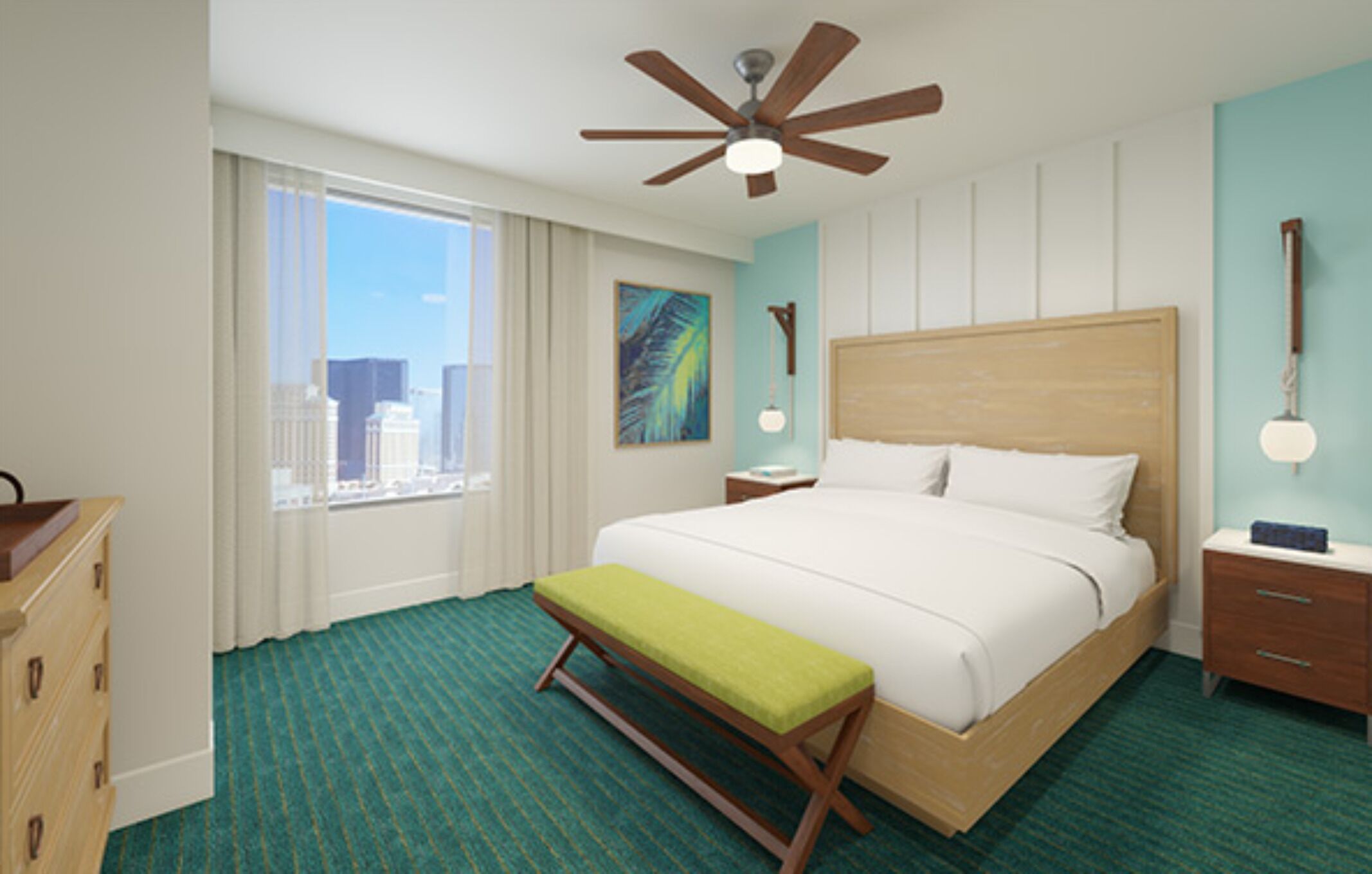 A hotel room with a large bed, a bench, a ceiling fan, a nightstand, a dresser, a window with curtains, a painting, and a city view.