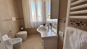 Shower, hair dryer, bidet, towels