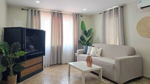 Ein Wohnzimmer mit einer Couch, einem Couchtisch, einer TV-Konsole und einer Zimmerpflanze.