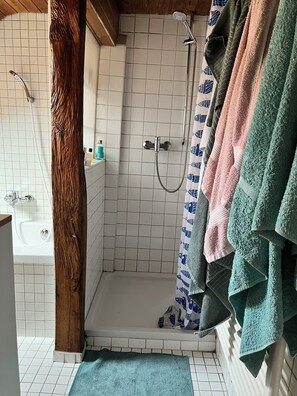 Hair dryer, towels, toilet paper
