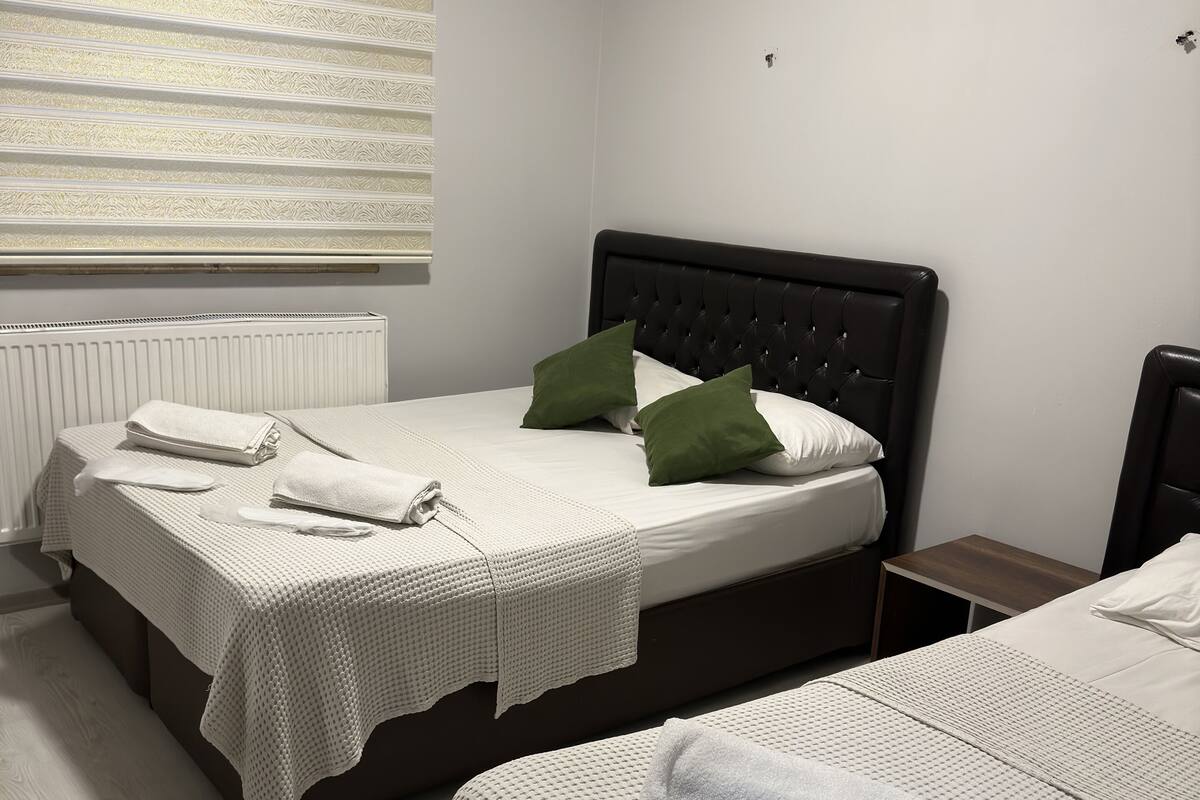 Une chambre d’hôtel avec deux lits, chacun recouvert d’une courtepointe blanche et agrémenté d’oreillers verts, un radiateur et une fenêtre avec des stores.