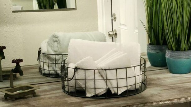 Un baño con un lavabo redondo, un espejo y dos plantas en macetas.