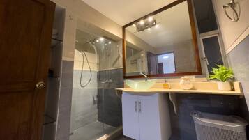 Shower, towels, soap, toilet paper