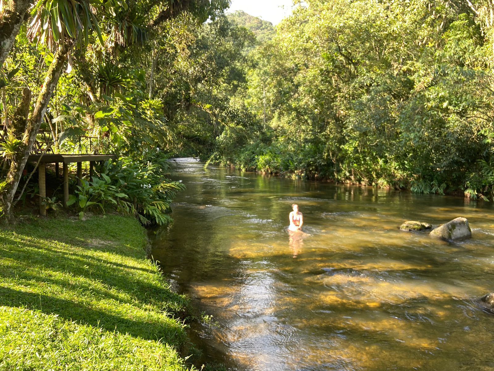 A river with a wooden bridge and lush greenery on both sides.