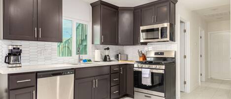 Fridge, microwave, oven, stovetop