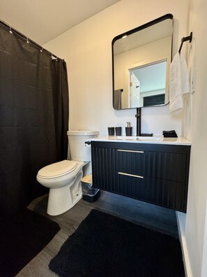 A bathroom with a toilet, a black bathtub, a white sink, and a mirror.