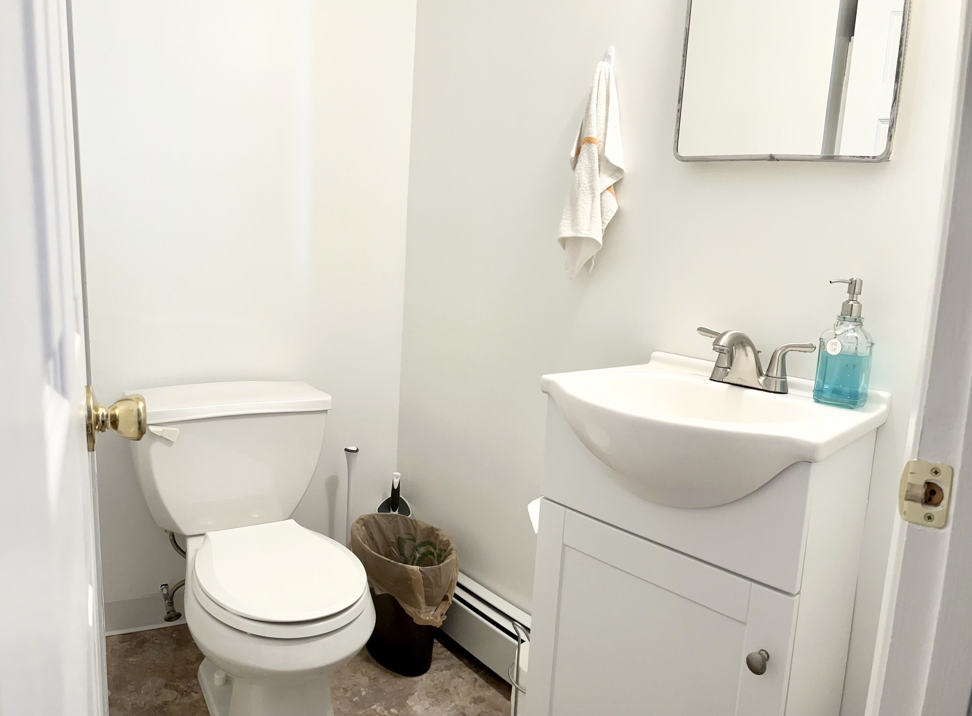 Een kleine, schone badkamer met toilet, wastafel en spiegel.