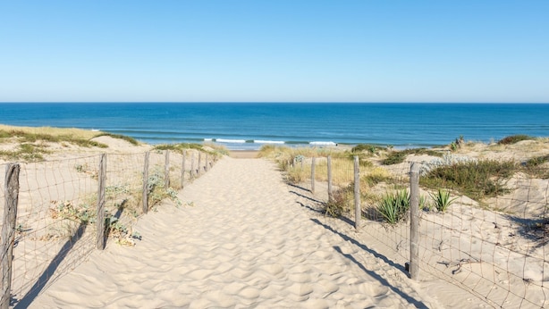 Un sentier de sable qui longe la plage et mène à l’océan, bordé de clôtures en fil de fer et d’une végétation clairsemée.