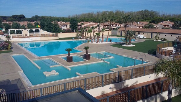 A large outdoor swimming pool with multiple lanes, surrounded by palm trees and a fence.